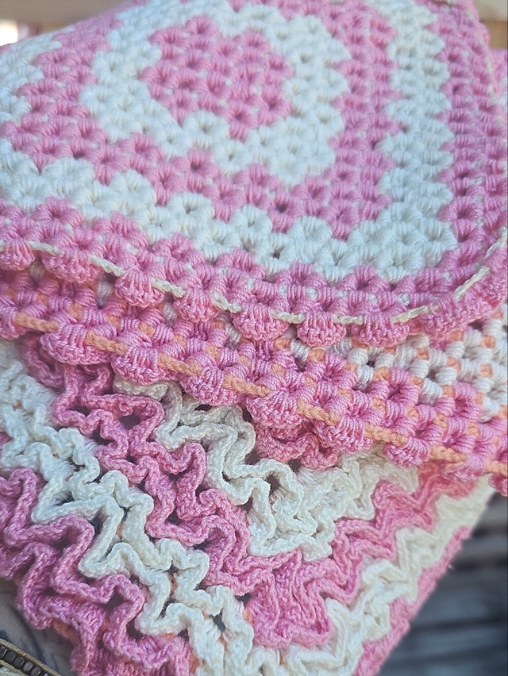 Handmade Crocheted Pink & Cream Square Trivet Set